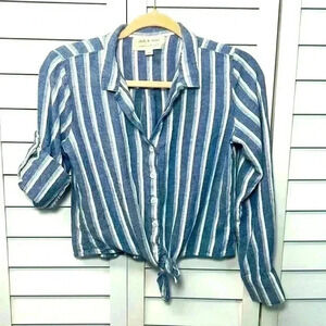 Anthropologie Cloth & Stone Linen Blend Striped Button Up Crop Top Size XS